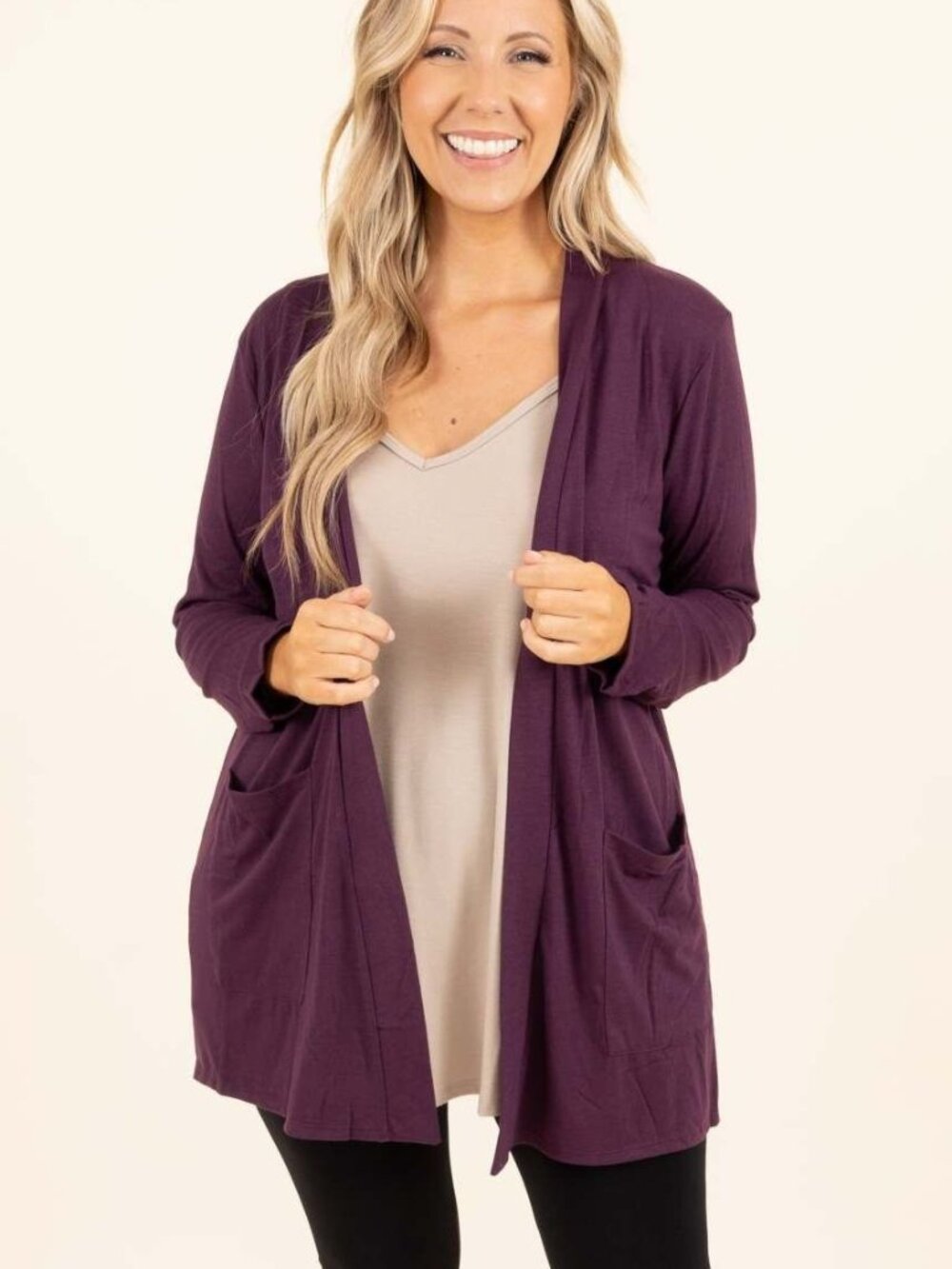 CHIC SOUL I Open-Front Flowy Cardigan with Pockets, Plum
